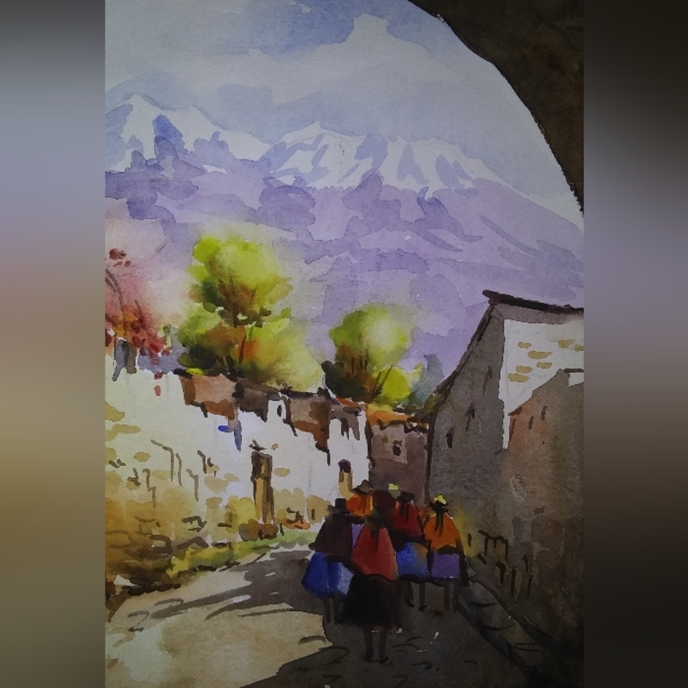 Andes Vintage Watercolor Peruvian Village Theme Unframed 10x13" Vibrant Colors - Picture 3 of 8